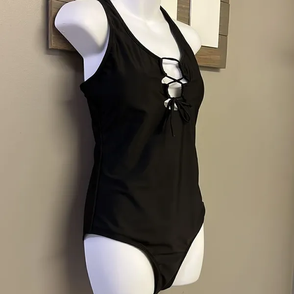 SHEIN Black One Piece Plunging Neckline with Tie and Razorback Swimsuit- Large - Image 5