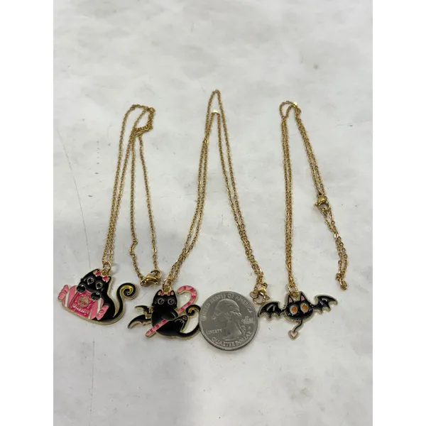 3pc Black Cat Enamel Necklace Set Halloween Spooky Cute Bat Cat Gold Tone Chain - Image 2