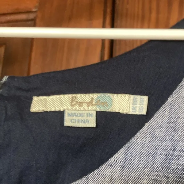 BODEN 100% Linen Chambray Blue White Embroidered Sleeveless Dress Size 14 - Image 4