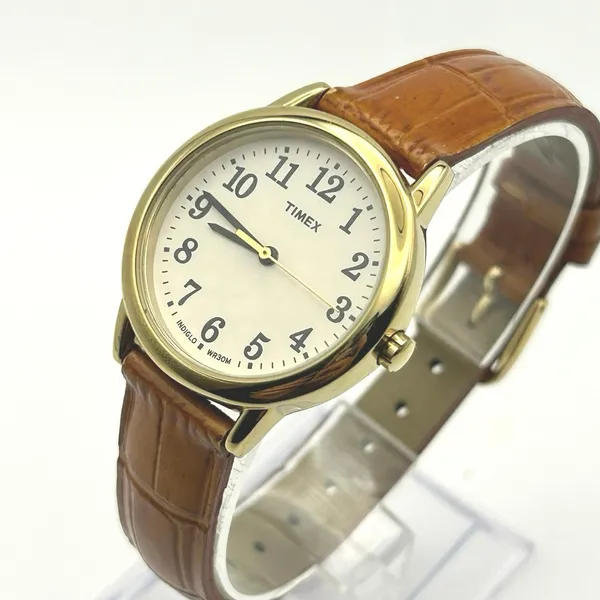 Timex Easy Reader Gold-tone Textured Brown Leather Women’s Watch Working - Image 2
