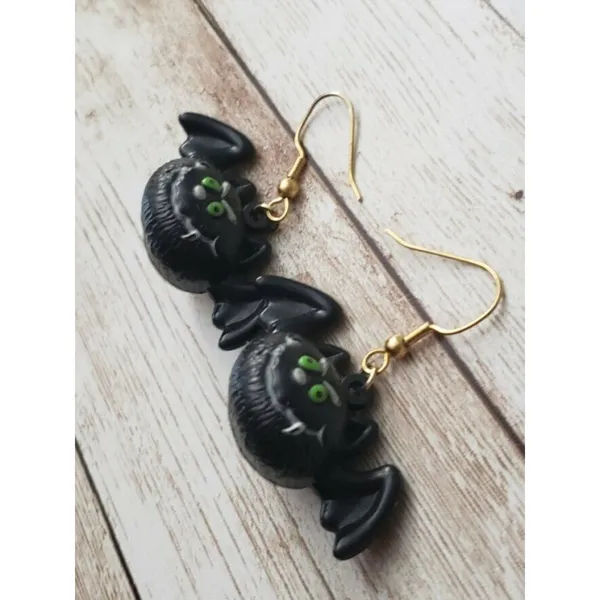Large Round Halloween Bat Dangle Earrings - Cartoon Bat Earrings - Image 2