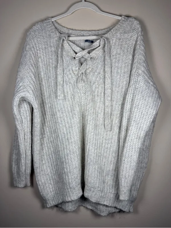 Aerie • Lace Up Oversized Knit Sweater Wool & Alpaca Blend Oatmeal Sz XL - Image 4