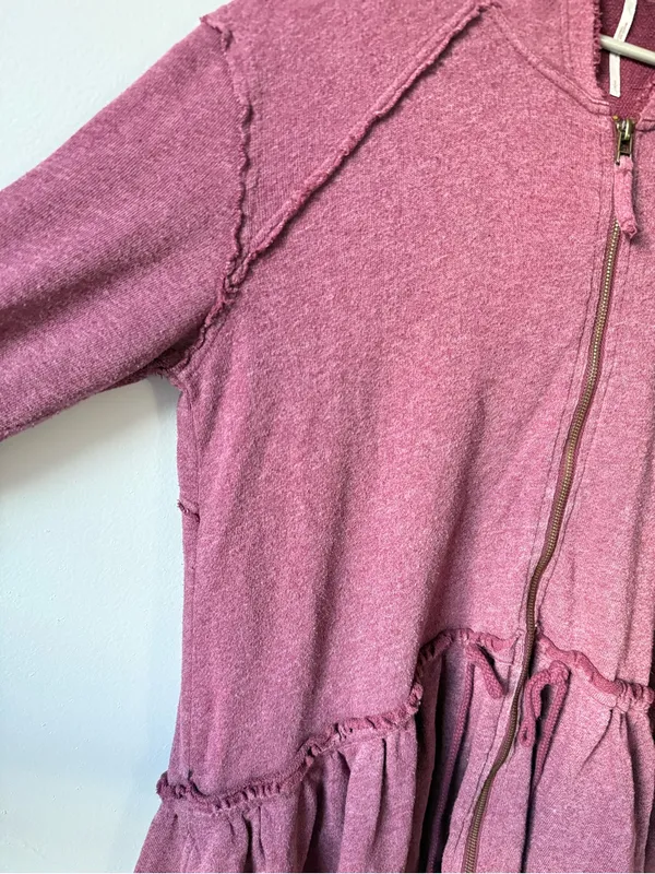 Free People Full Zip Sweatshirt Ruffle Flowy Hippie Boho Red Pink Size S M - Image 3