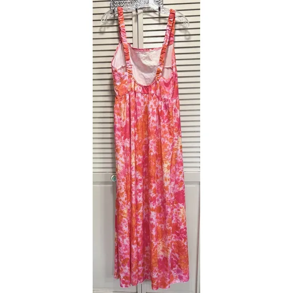 Bright Pink/Orange Floral Maxi Dress Sleeveless Size 1X Elastic Straps & Back - Image 4
