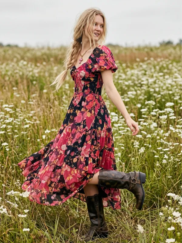 Free People Bohemian Floral Patchwork Sundrenched Maxi Dress Large - Image 2