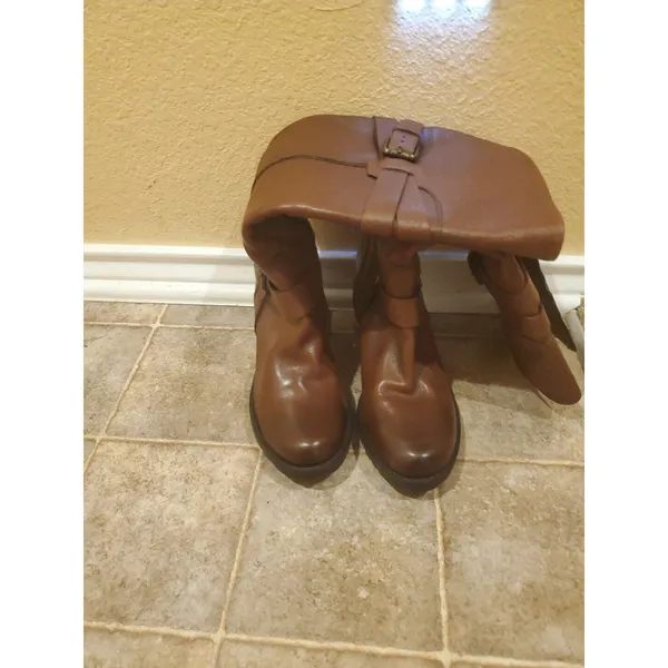 CLARKS Riding Boots Knee High Brown Leather Chunk Heels Buckle Details Size 6.5M - Image 9
