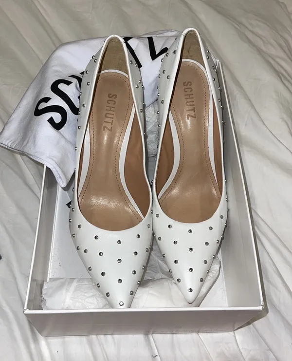 Schutz Belmira White Stud Leather Pumps - Image 6