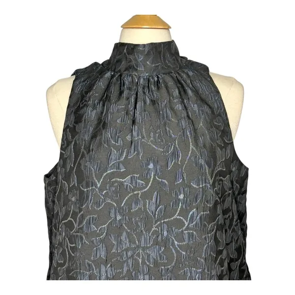 Scoop Mini Dress Women Large Black Blue Metallic‎ Floral Jacquard Mock Neck Tie - Image 9