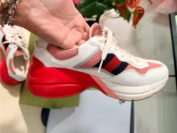 Gucci Gold Leather-Trim Sneakers - Image 3