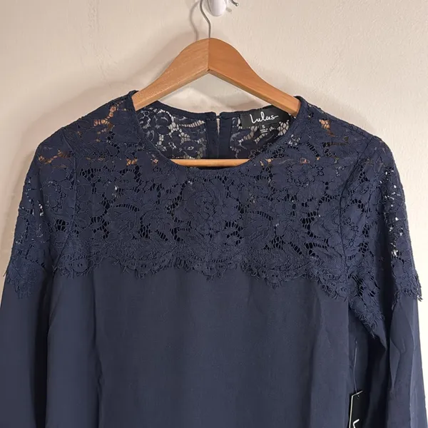 Lulu's Women’s Picture This Lace Round Neck Long Sleeve Blouse Navy size S - Image 3