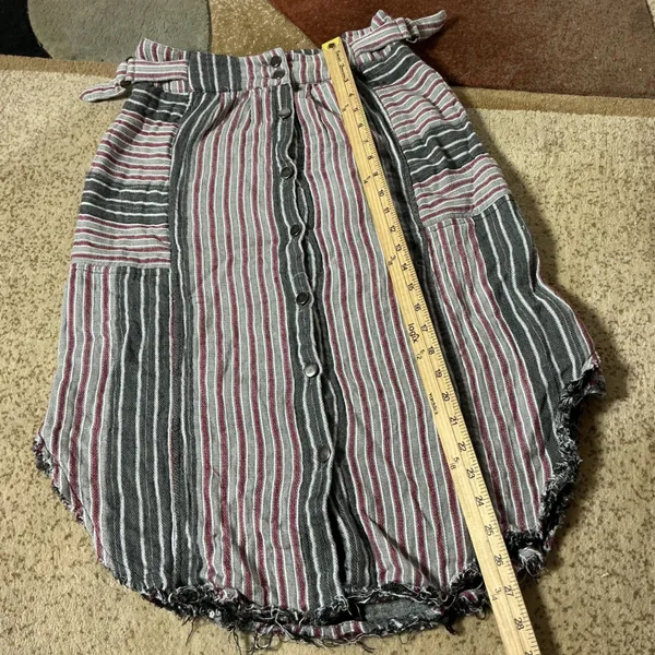 Free People Boho Striped Button Front Midi Skirt Womens Small Grey Frayed Hem - Image 2
