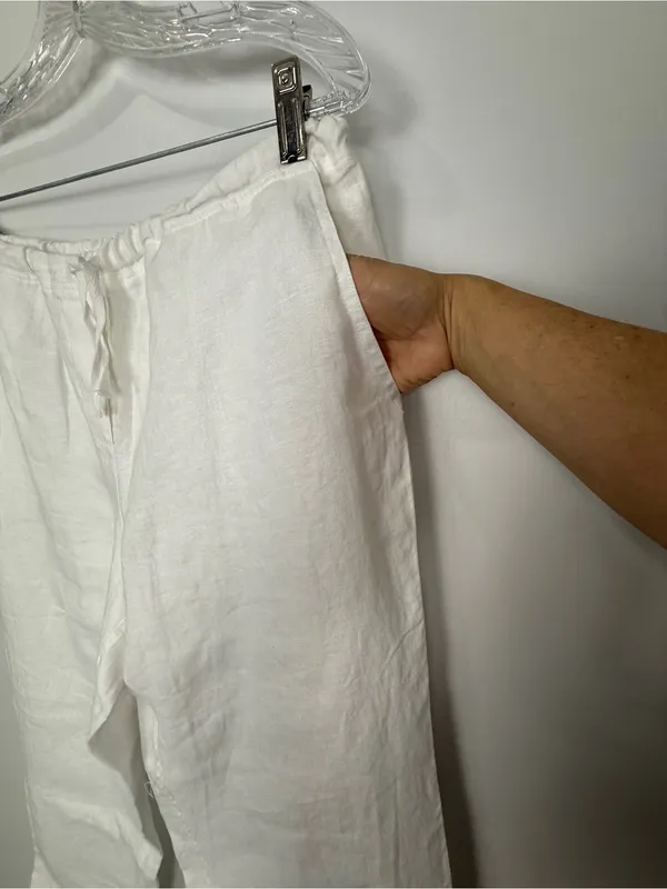 White Linen Drawstring Pants Size M - Image 4