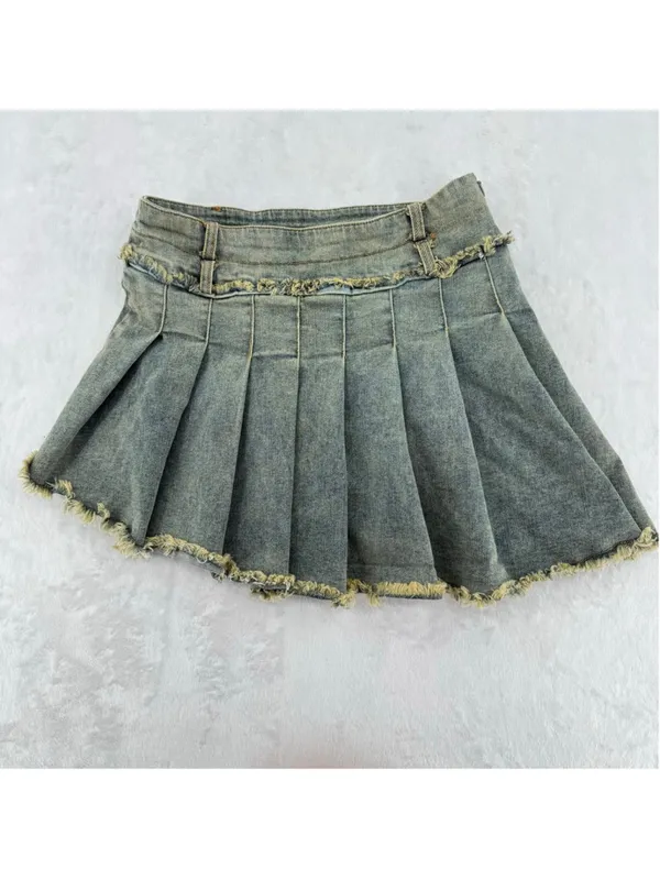 Denim Pleated Mini Skirt Asymmetric Fringed Hem AElfric Eden Sz Small Y2K Inspo - Image 4