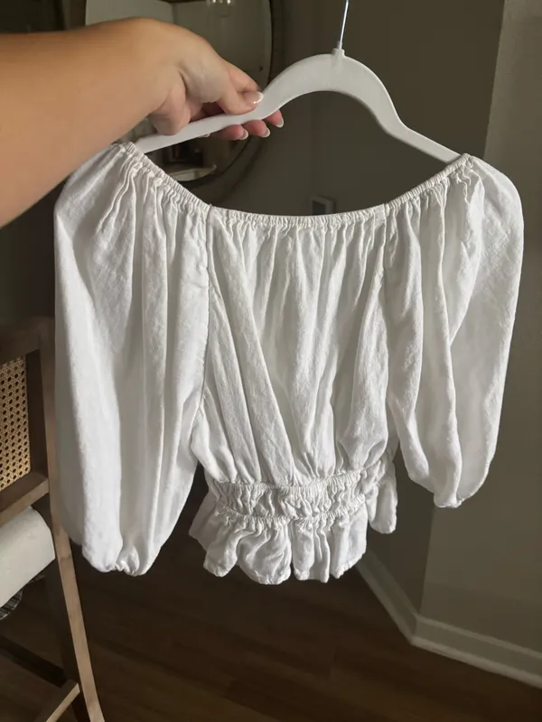 Abercrombie & Fitch Linen Top Women’s White Cropped Puff Sleeve Smocked Blouse Linen blend - Image 6
