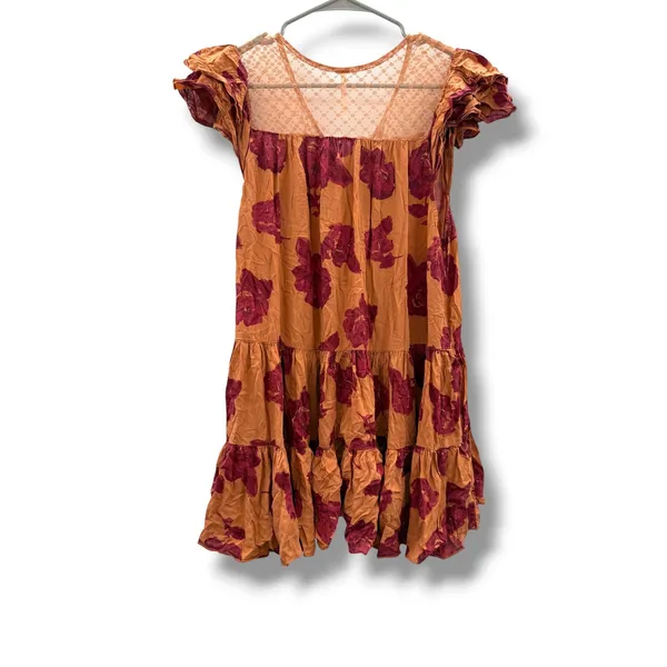 Free‎ People Tilly Printed Tunic Dress Medium Orange Floral Ruffle Boho Mini - Image 3