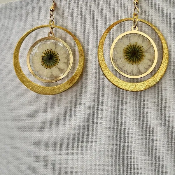 Real Pressed Daisy Resin Earrings in Gold Tone Circles - Image 2