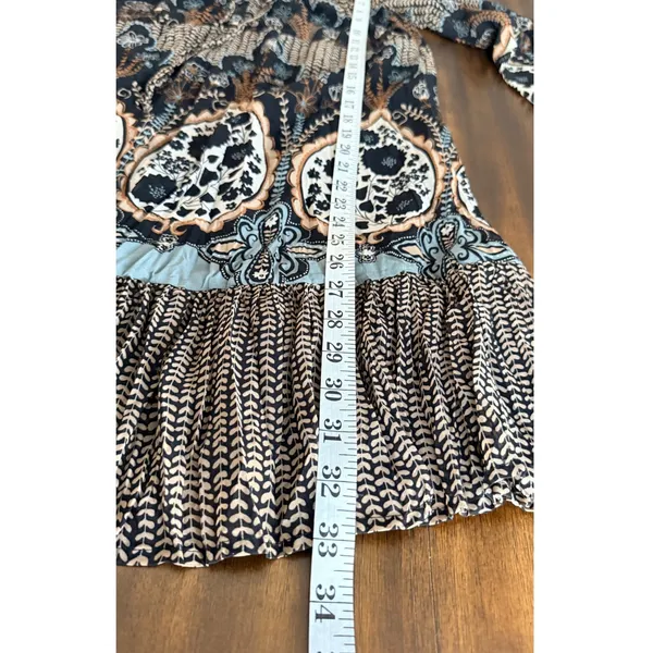 Boho Mixed Paisley Floral Print Ruffle Hem Tunic Top Black Blue Tan Tie Neck‎ - Image 9