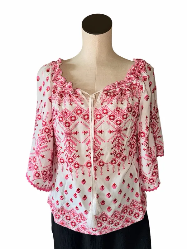 Hale Bob XS White Pink Embroidered Boho Top Blouse NWT Oversized - Image 2