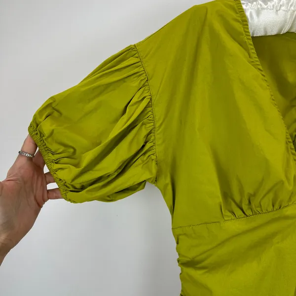 Free People Tastemaker Mini Dress Cotton Ruched Pleated Puff Sleeve Green XS - Image 8