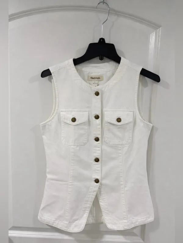 Madewell White Denim Vest Size 4 Utility Button Front Cotton Structured Top - Image 4