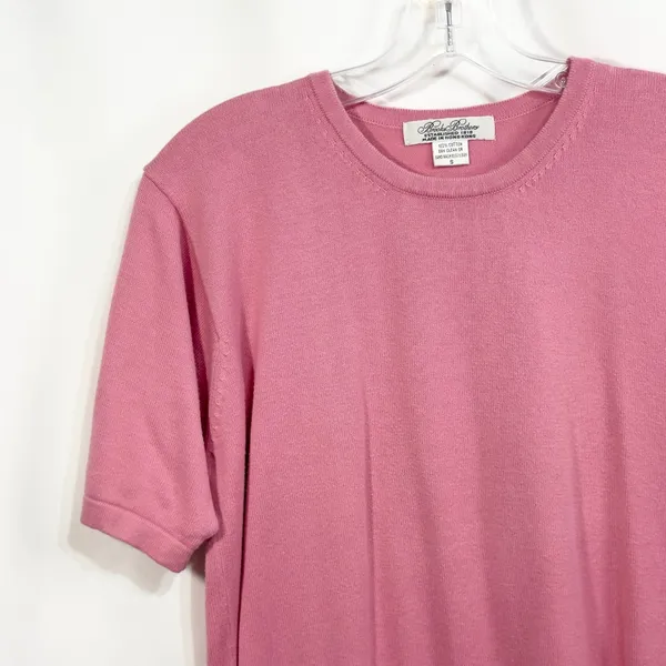 Brooks Brothers‎ Small Top Cotton Knit Short Sleeve Crew Neck Pink 1377 - Image 4