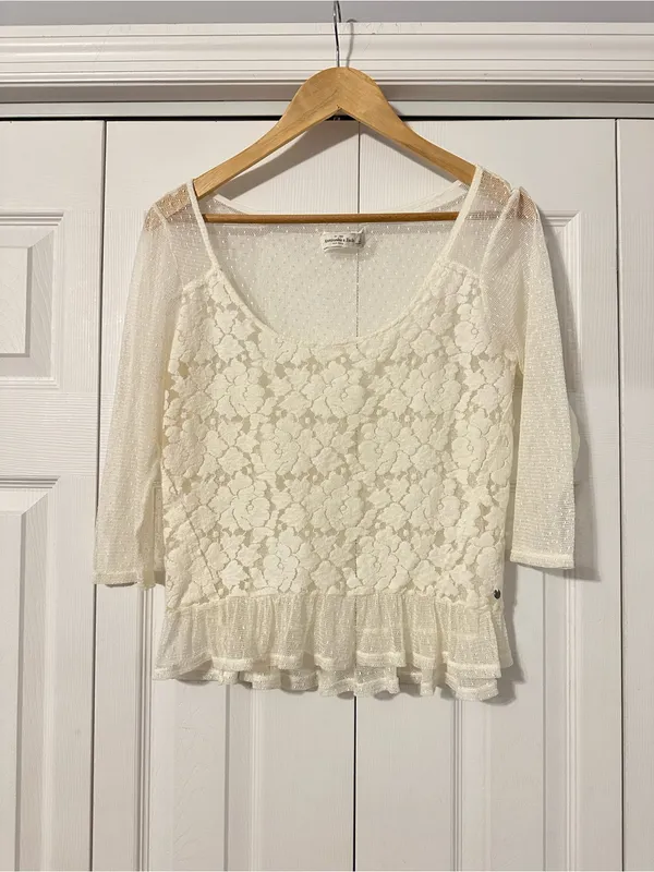 Abercrombie & Fitch Cream Lace Peplum Blouse, Large - Image 2