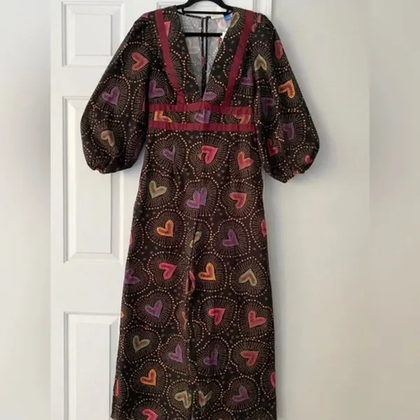 Anthropologie x Farm Rio Jumpsuit M NWT Deep-V Hearts Print Wide-Leg - Image 5