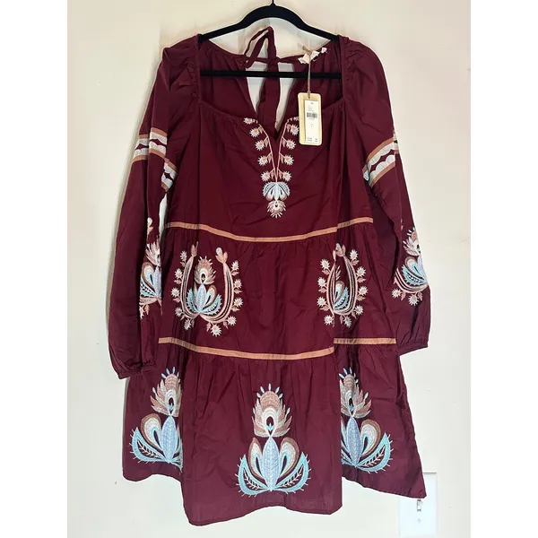 Letube Anthropologie Burgundy Embroidered Boho Mini Dress Long Sleeve Large NEW - Image 4