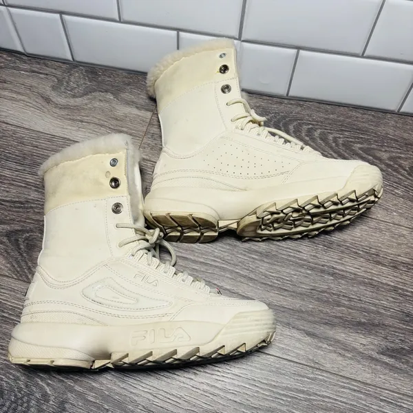 Fila Disruptor Lug Boot Winter White Faux Fur Trim‎ Lace Up Ankle Boots Size 7 - Image 5