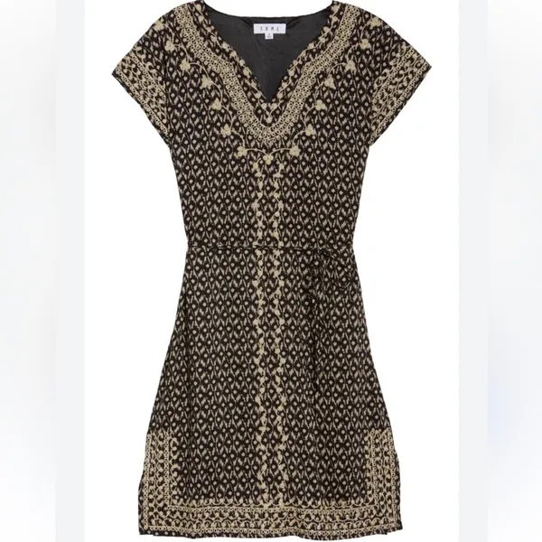 THML Black and Cream Embroidered Printed V-Neck Shift Dress with Tie size small - Image 2