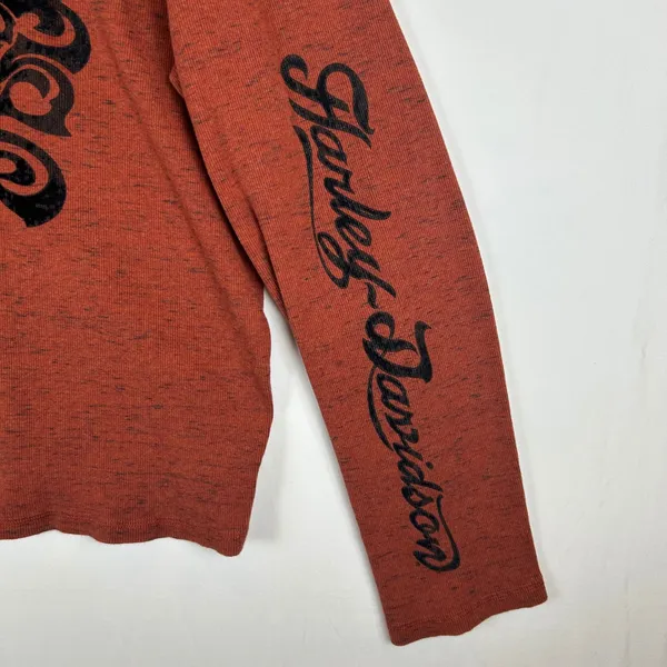Harley-Davidson Womens 3W Rust Orange Space Dye Hooded Henley Flocked Top 2014 - Image 11