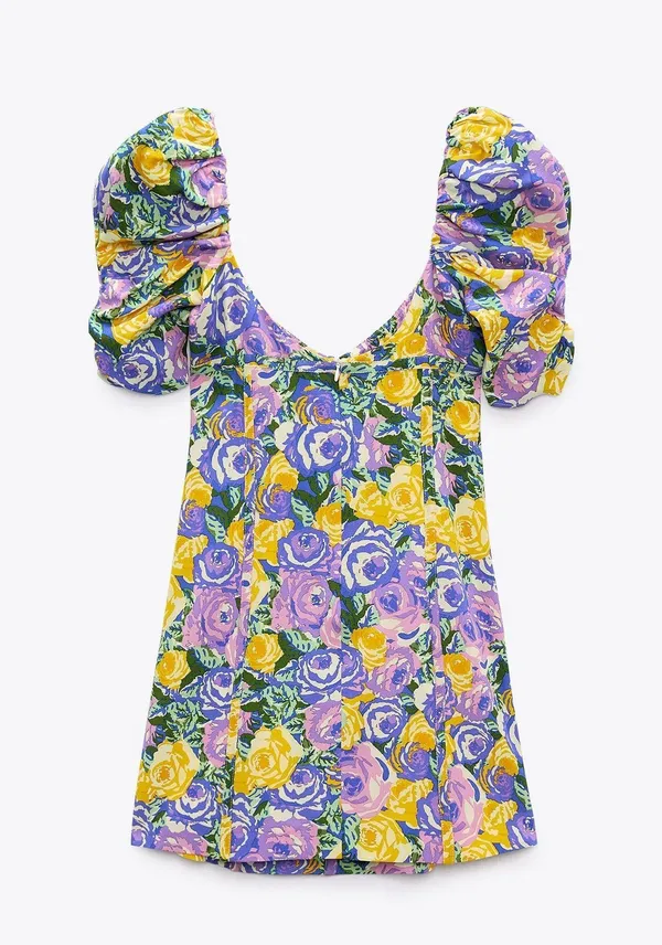 ZARA Floral Boho Summer Mini Dress Puff Sleeve - Image 4