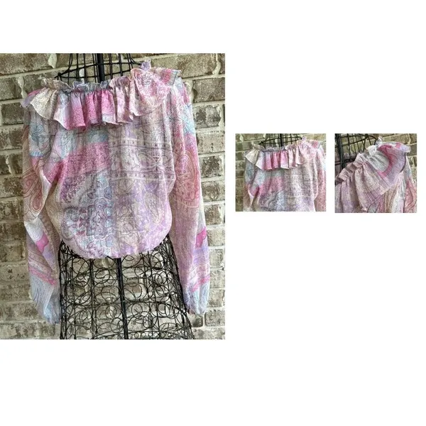 Ruffled Knotted Crop Top Blouse Medium Paisley Abstract Gold Color … - Image 8