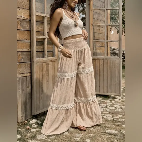 Boutique Boho Chic Crochet Lace Tiered Wide Leg Textured Palazzo Pants Coastal Cowgirl L - Image 2