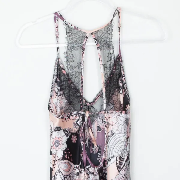 Linea Donatella Floral Paisley Lace‎ Trim Chemise Slip Dress M Purple Pink Satin - Image 7