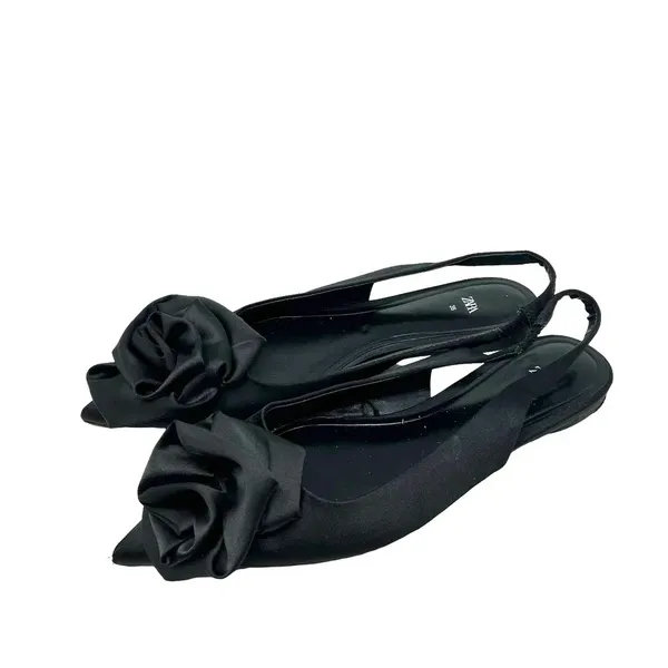 Zara Straple Flat‎ Shoes with Flowers Black Satin Rosette Size 36 US 5 - Image 3