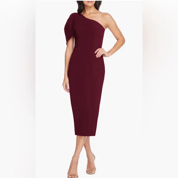 Dress The Population Tiffany One-Shoulder Midi Dress Burgundy XL Quiet Luxury‎ - Image 13
