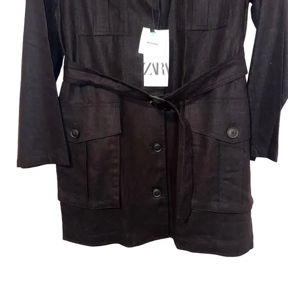 NWT ZARA Dress M women linen blend black button down - Image 8