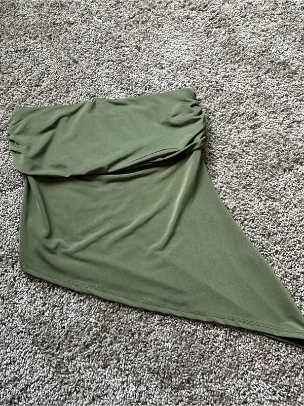 Olive Green Asymmetrical Strapless Women's Top - Image 2