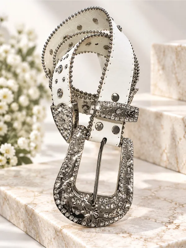 White Rhinestone Belt Studded Western Silver Buckle Cross Detail - Image 2