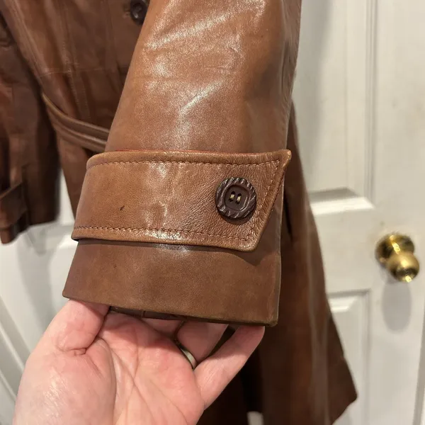 Vintage Skin Gear Brown Napa Leather Trench Coat Long Belted Button Front Medium - Image 6