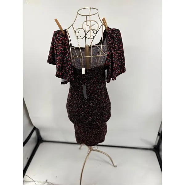 Waverleigh Black Red Floral Smocked Short Sleeve Dress Size Large NWT - Image 7