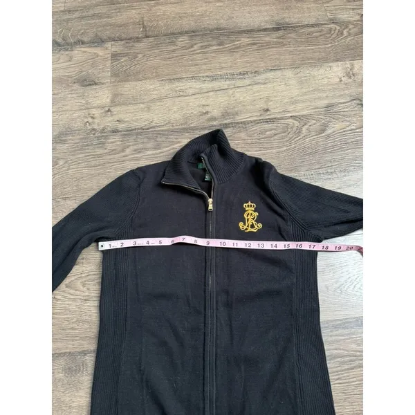EUC Womens VINTAGE Lauren Ralph Lauren sweater zip black emblem gold detail SZ M - Image 7