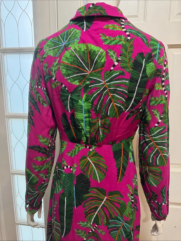 Farm Rio Boho Tropical Print Long Sleeve Maxi Dress in Fuchsia Size Small - Image 11