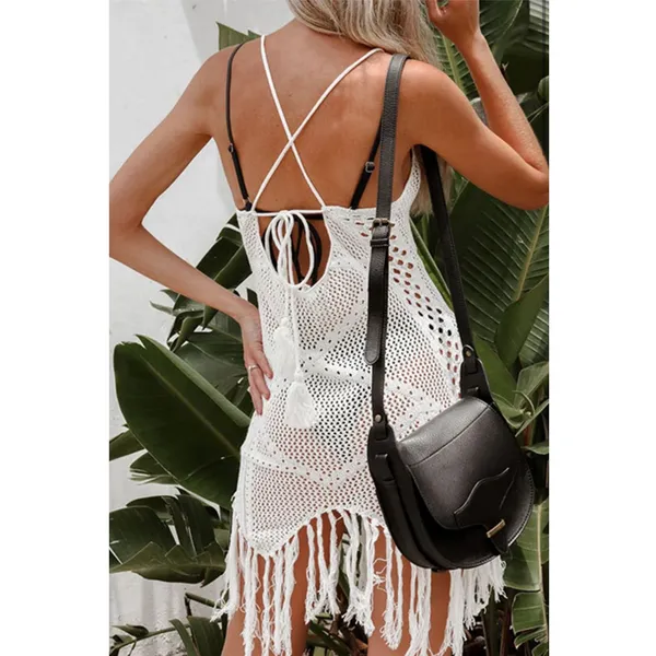 Endless Blu White Crochet Fringe Cover Up Boho Festival Beach‎ Dress Size M - Image 10