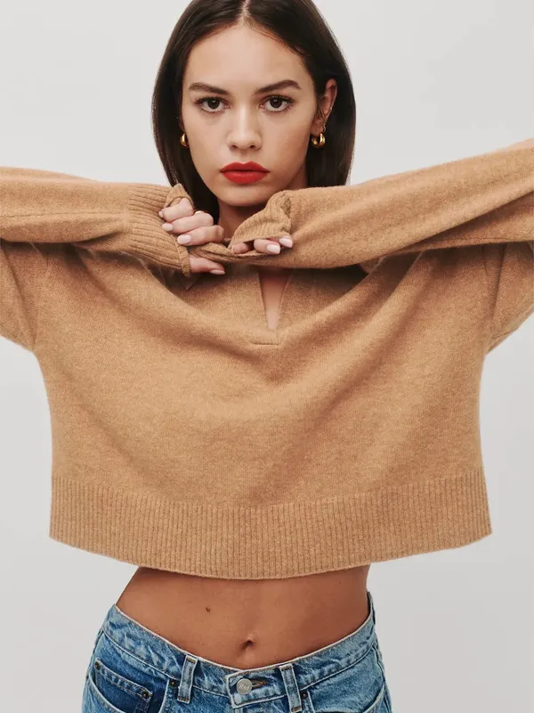 Reformation Cashmere V Neck Polo Sweater in Camel Size Small - Image 2