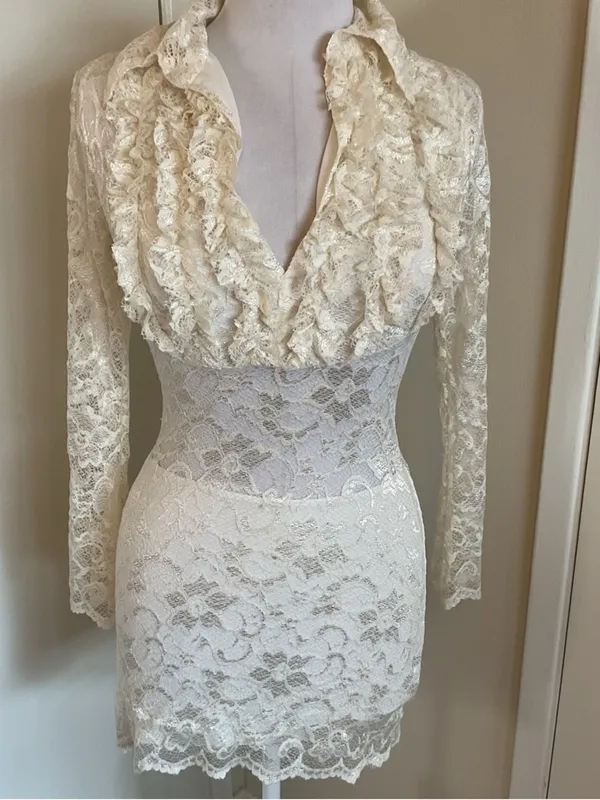 Sentimental NY Cream Lace Ruffle Mini Dress Small S Bridal Shower USA Made - Image 2