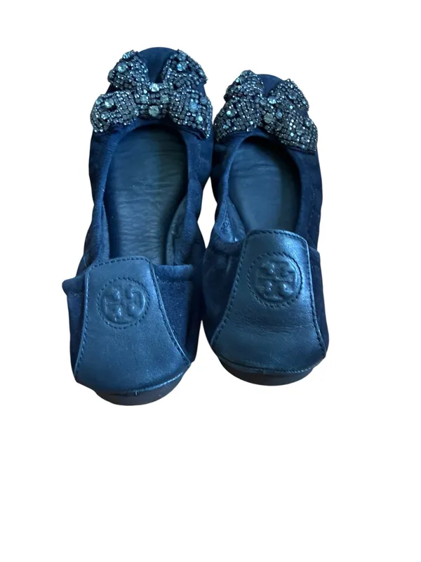 Tory Burch Navy Blue Suede Crystal Bow Eddie Flats - Image 4