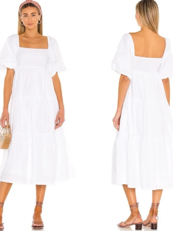 FAITHFULL THE BRAND Kiona Puff Sleeve Smocked Cotton Tiered Midi Dress - Image 2