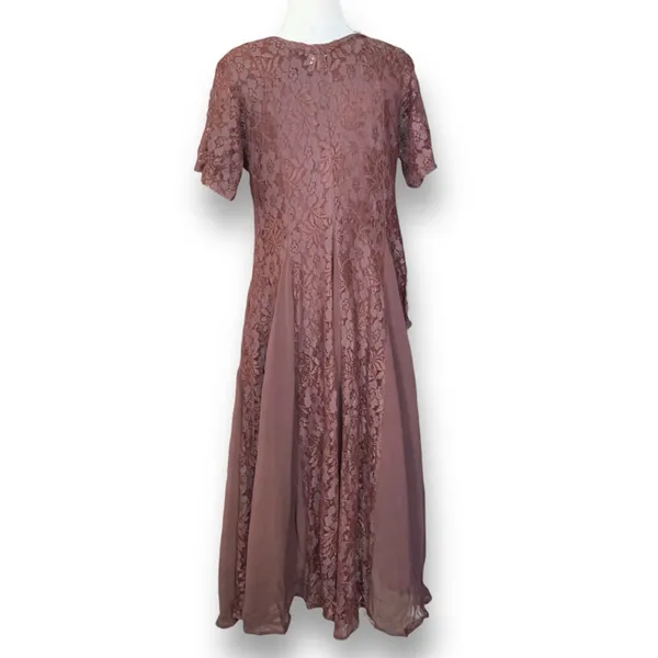 Vintage‎ 90s Brown Floral Lace Chiffon Panel Midi Dress Small Romantic Sheer - Image 7